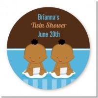 Twin Baby Boys African American - Round Personalized Baby Shower Sticker Labels