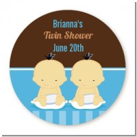 Twin Baby Boys Asian - Round Personalized Baby Shower Sticker Labels