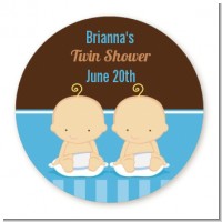 Twin Baby Boys Caucasian - Round Personalized Baby Shower Sticker Labels