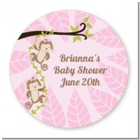Twin Monkey Girls - Round Personalized Baby Shower Sticker Labels