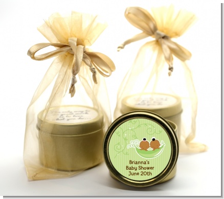 Twins Two Peas in a Pod African American - Baby Shower Gold Tin Candle Favors