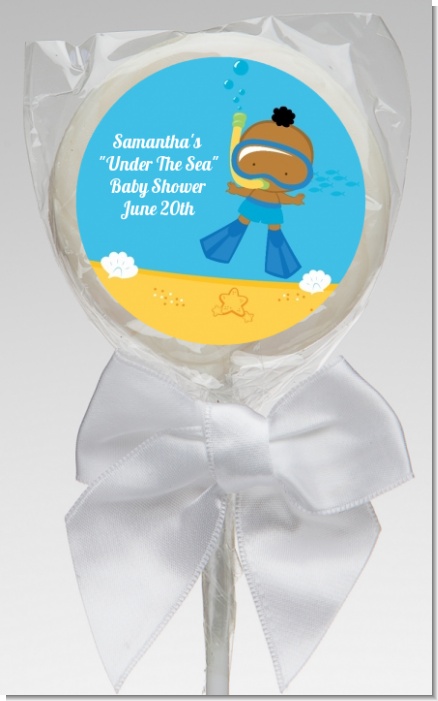 Under the Sea African American Baby Boy Snorkeling - Personalized Baby Shower Lollipop Favors