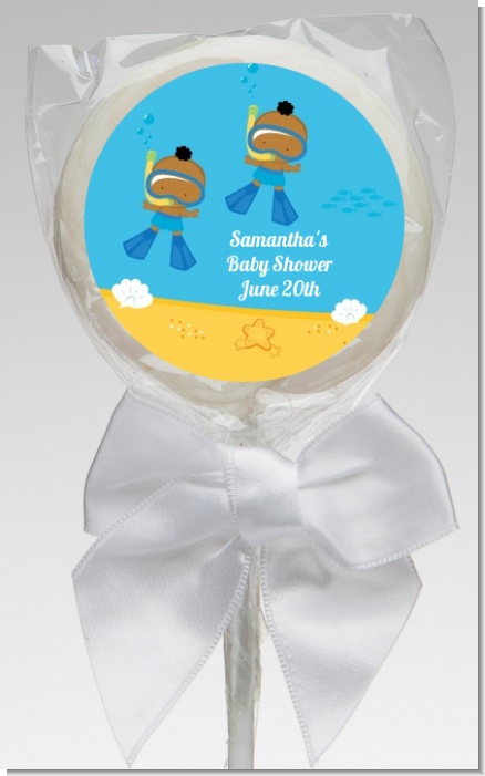 Under the Sea African American Baby Boy Twins Snorkeling - Personalized Baby Shower Lollipop Favors