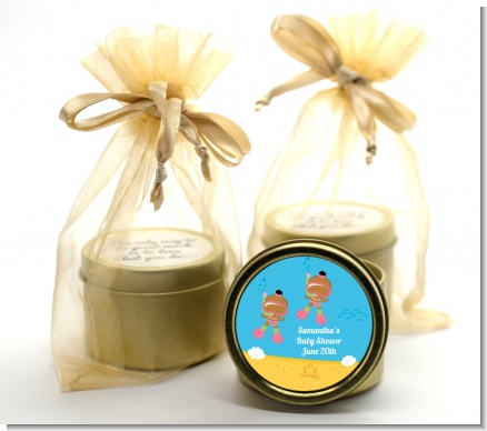Under the Sea African American Baby Girl Twins Snorkeling - Baby Shower Gold Tin Candle Favors