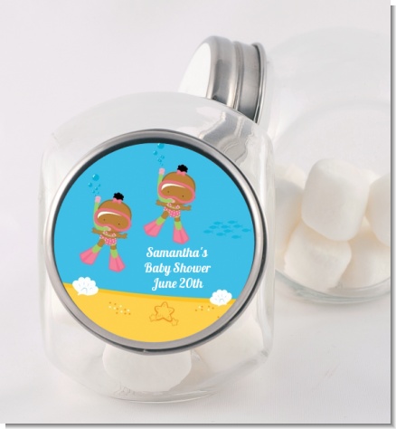 Under the Sea African American Baby Girl Twins Snorkeling - Personalized Baby Shower Candy Jar