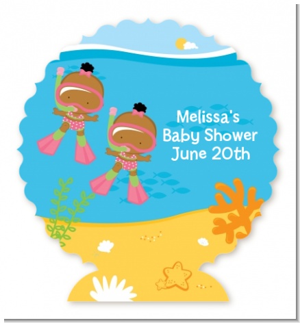 Under the Sea African American Baby Girl Twins Snorkeling - Personalized Baby Shower Centerpiece Stand