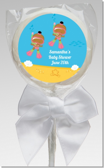 Under the Sea African American Baby Girl Twins Snorkeling - Personalized Baby Shower Lollipop Favors