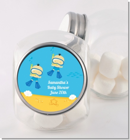 Under the Sea Asian Baby Boy Twins Snorkeling - Personalized Baby Shower Candy Jar