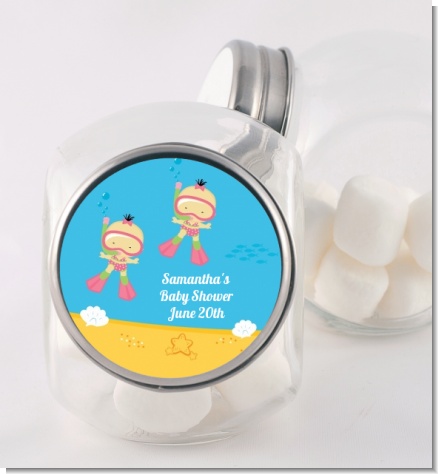 Under the Sea Asian Baby Girl Twins Snorkeling - Personalized Baby Shower Candy Jar