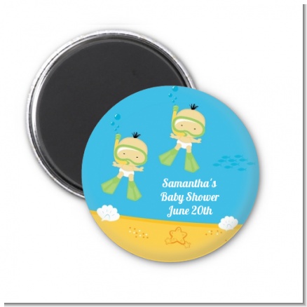 Under the Sea Asian Baby Twins Snorkeling - Personalized Baby Shower Magnet Favors