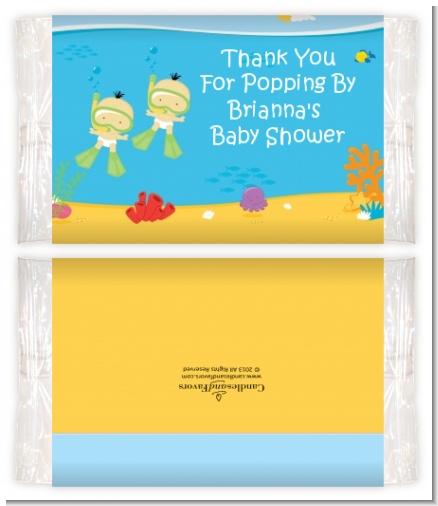 Under the Sea Asian Baby Twins Snorkeling - Personalized Popcorn Wrapper Baby Shower Favors