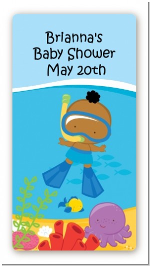 Under the Sea African American Baby Boy Snorkeling - Custom Rectangle Baby Shower Sticker/Labels