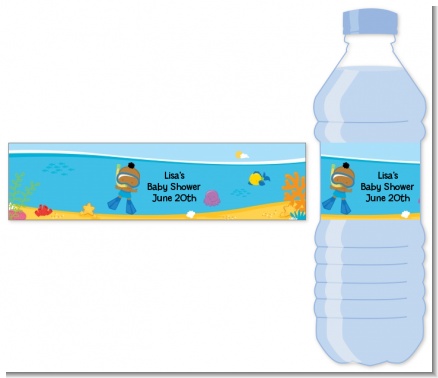 Under the Sea African American Baby Boy Snorkeling - Personalized Baby Shower Water Bottle Labels
