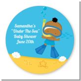 Under the Sea African American Baby Boy Snorkeling - Round Personalized Baby Shower Sticker Labels