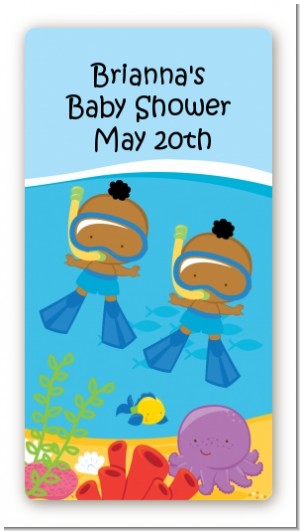 Under the Sea African American Baby Boy Twins Snorkeling - Custom Rectangle Baby Shower Sticker/Labels