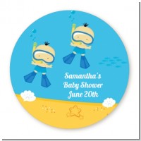 Under the Sea African American Baby Boy Twins Snorkeling - Round Personalized Baby Shower Sticker Labels