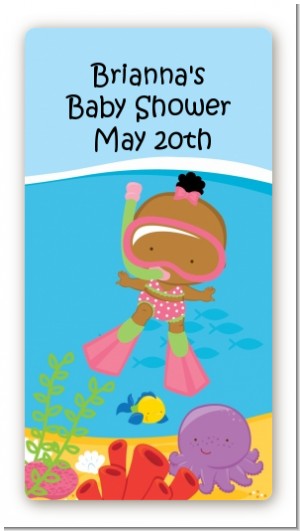 Under the Sea African American Baby Girl Snorkeling - Custom Rectangle Baby Shower Sticker/Labels