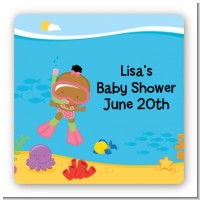 Under the Sea African American Baby Girl Snorkeling - Square Personalized Baby Shower Sticker Labels