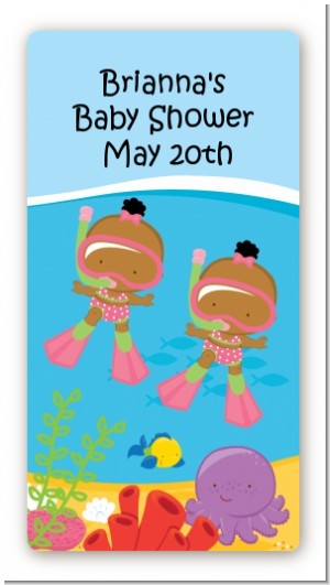 Under the Sea African American Baby Girl Twins Snorkeling - Custom Rectangle Baby Shower Sticker/Labels