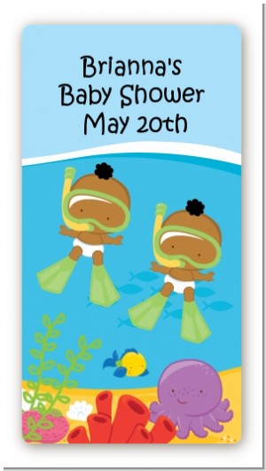 Under the Sea African American Baby Twins Snorkeling - Custom Rectangle Baby Shower Sticker/Labels