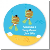 Under the Sea African American Baby Twins Snorkeling - Round Personalized Baby Shower Sticker Labels