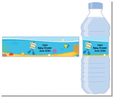Under the Sea Asian Baby Boy Snorkeling - Personalized Baby Shower Water Bottle Labels
