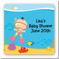 Under the Sea Asian Baby Girl Snorkeling - Square Personalized Baby Shower Sticker Labels