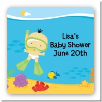 Under the Sea Asian Baby Snorkeling - Square Personalized Baby Shower Sticker Labels