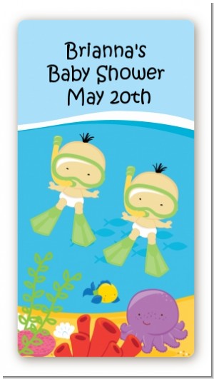 Under the Sea Asian Baby Twins Snorkeling - Custom Rectangle Baby Shower Sticker/Labels