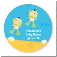 Under the Sea Asian Baby Twins Snorkeling - Round Personalized Baby Shower Sticker Labels