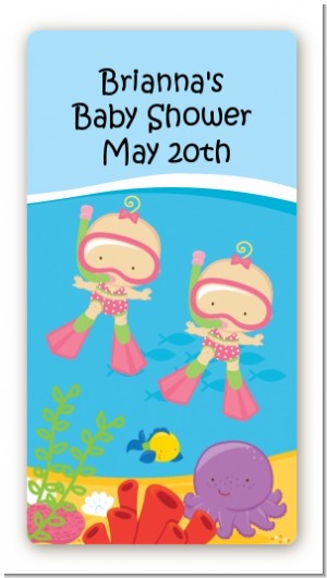Under the Sea Baby Twin Girls Snorkeling - Custom Rectangle Baby Shower Sticker/Labels