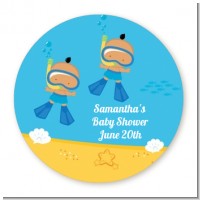 Under the Sea Hispanic Baby Boy Twins Snorkeling - Round Personalized Baby Shower Sticker Labels