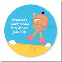 Under the Sea Hispanic Baby Girl Snorkeling - Round Personalized Baby Shower Sticker Labels