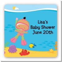 Under the Sea Hispanic Baby Girl Snorkeling - Square Personalized Baby Shower Sticker Labels