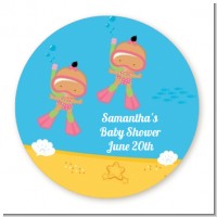 Under the Sea Hispanic Baby Girl Twins Snorkeling - Round Personalized Baby Shower Sticker Labels