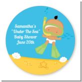 Under the Sea Hispanic Baby Snorkeling - Round Personalized Baby Shower Sticker Labels