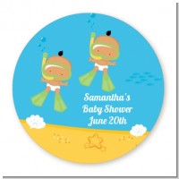 Under the Sea Hispanic Baby Twins Snorkeling - Round Personalized Baby Shower Sticker Labels
