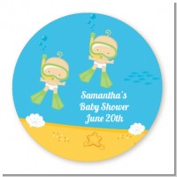 Under the Sea Twin Babies Snorkeling - Round Personalized Baby Shower Sticker Labels