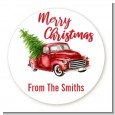 Vintage Red Truck - Round Personalized Christmas Sticker Labels thumbnail