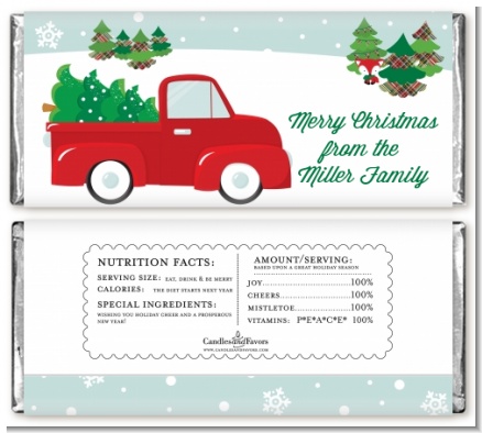 Vintage Red Truck With Tree - Personalized Christmas Candy Bar Wrappers
