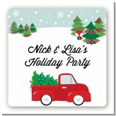 Vintage Red Truck With Tree - Square Personalized Christmas Sticker Labels