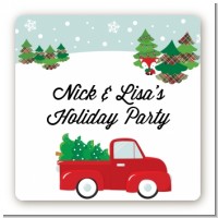 Vintage Red Truck With Tree - Square Personalized Christmas Sticker Labels