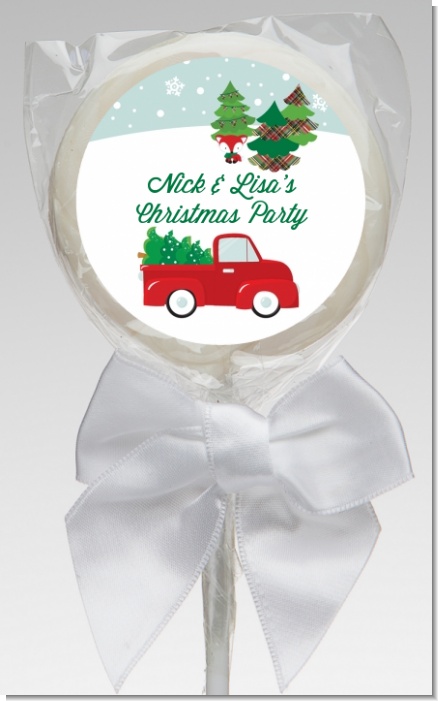Vintage Red Truck With Tree - Personalized Christmas Lollipop Favors