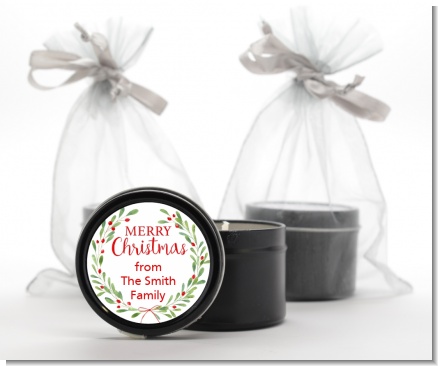 Watercolor Wreath - Christmas Black Candle Tin Favors