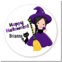 Witch and Broom Stick - Round Personalized Halloween Sticker Labels