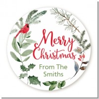 Wreath with Cardinal - Round Personalized Christmas Sticker Labels
