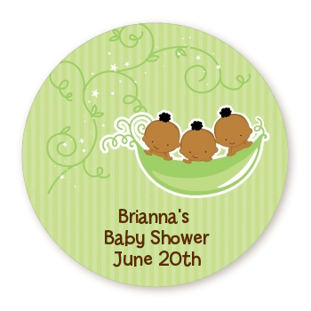  Triplets Three Peas in a Pod African American - Round Personalized Baby Shower Sticker Labels Triplet Boys