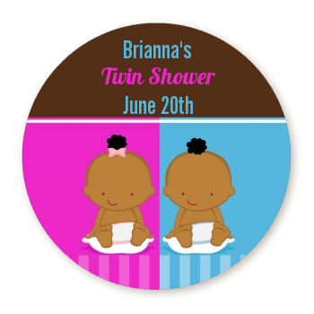  Twin Babies 1 Boy and 1 Girl African American - Round Personalized Baby Shower Sticker Labels 