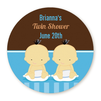  Twin Baby Boys Asian - Round Personalized Baby Shower Sticker Labels 