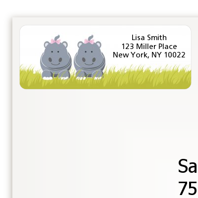 Twin Hippo Girls - Baby Shower Return Address Labels